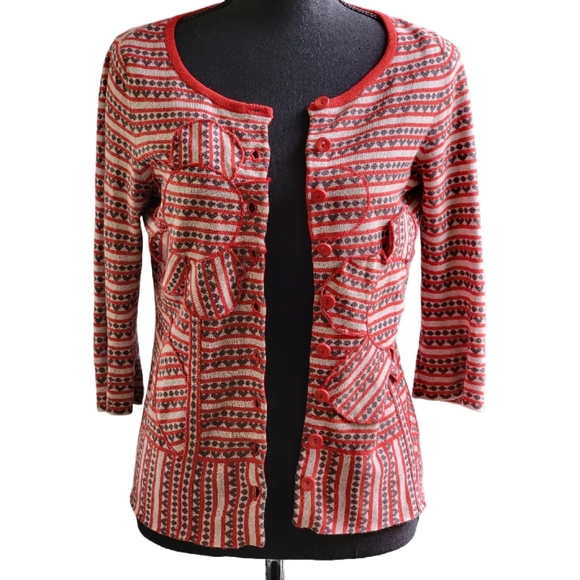 ANTHROPOLOGIE MOTH SZ Small Lovelorn Cardigan Floral Appliques Red Gray - Picture 2 of 9